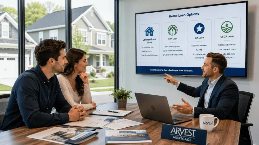 Arvest mortgage loan advisor explaining FHA, VA, USDA and conventional home loan options to buyers