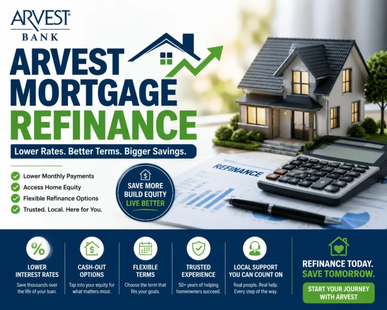 Arvest Mortgage Refinance illustration showing home, calculator, refinance documents, and savings benefits