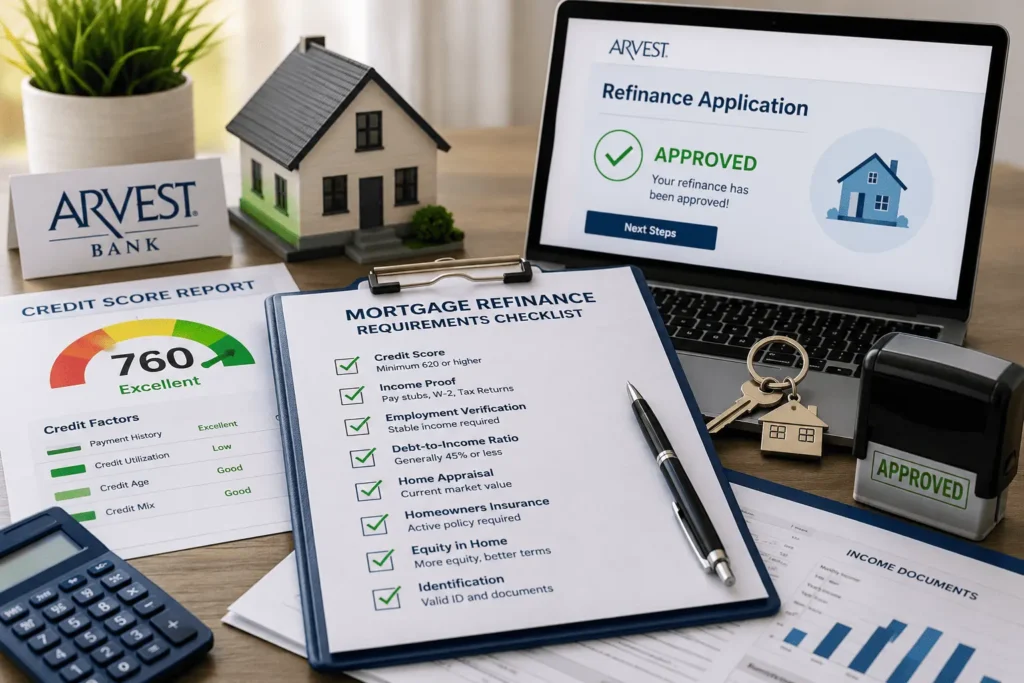 Arvest Mortgage Refinance requirements checklist showing credit score, income proof, and approval process