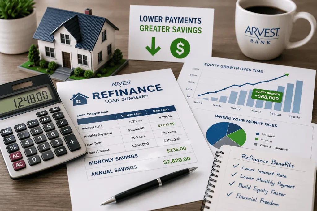 Arvest Mortgage Refinance savings calculator with home equity analysis and monthly payment comparison