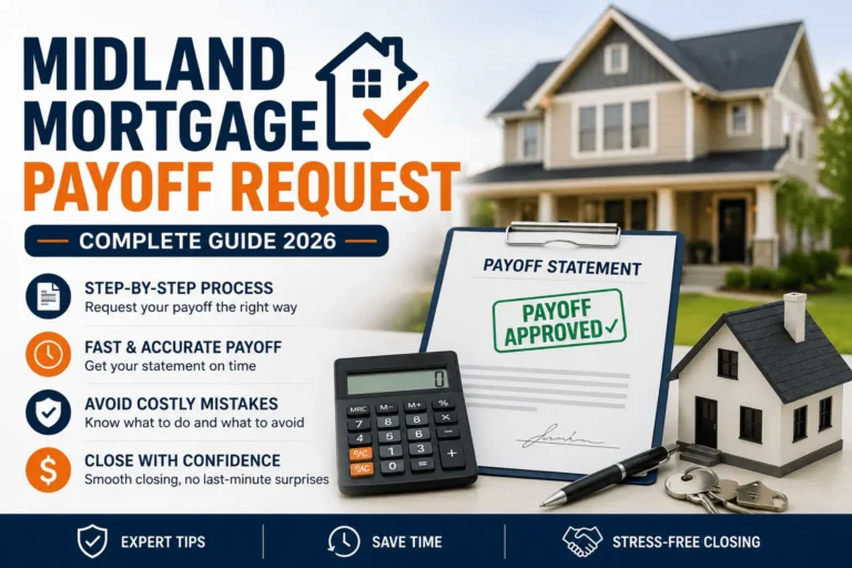 Midland Mortgage Payoff Request guide with payoff statement, home, calculator, and closing documents illustration