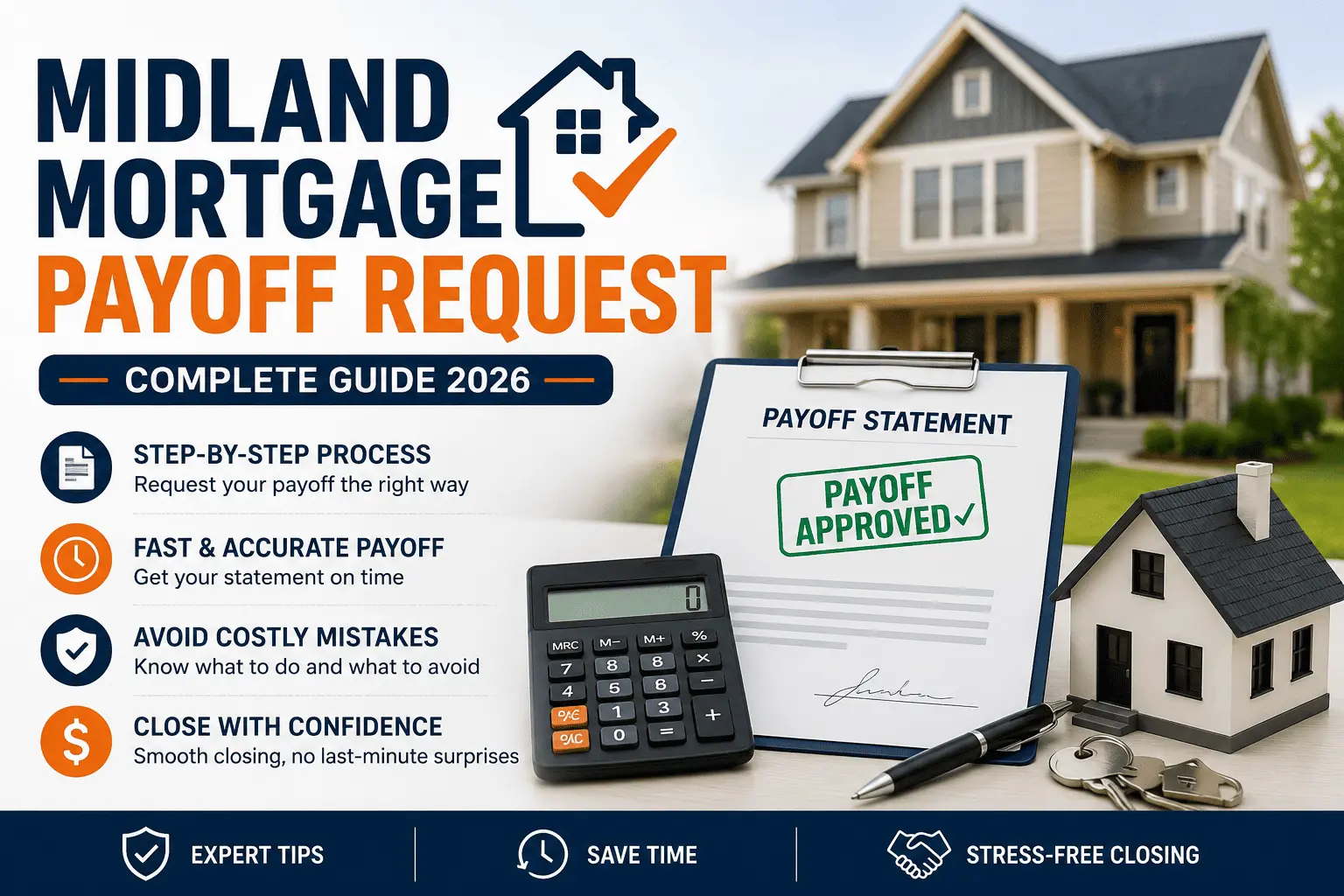 Midland Mortgage Payoff Request guide with payoff statement, home, calculator, and closing documents illustration