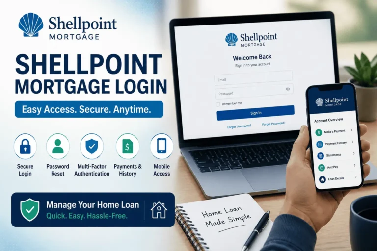 Shellpoint Mortgage login dashboard showing secure account access, password reset, payments, and mobile tools