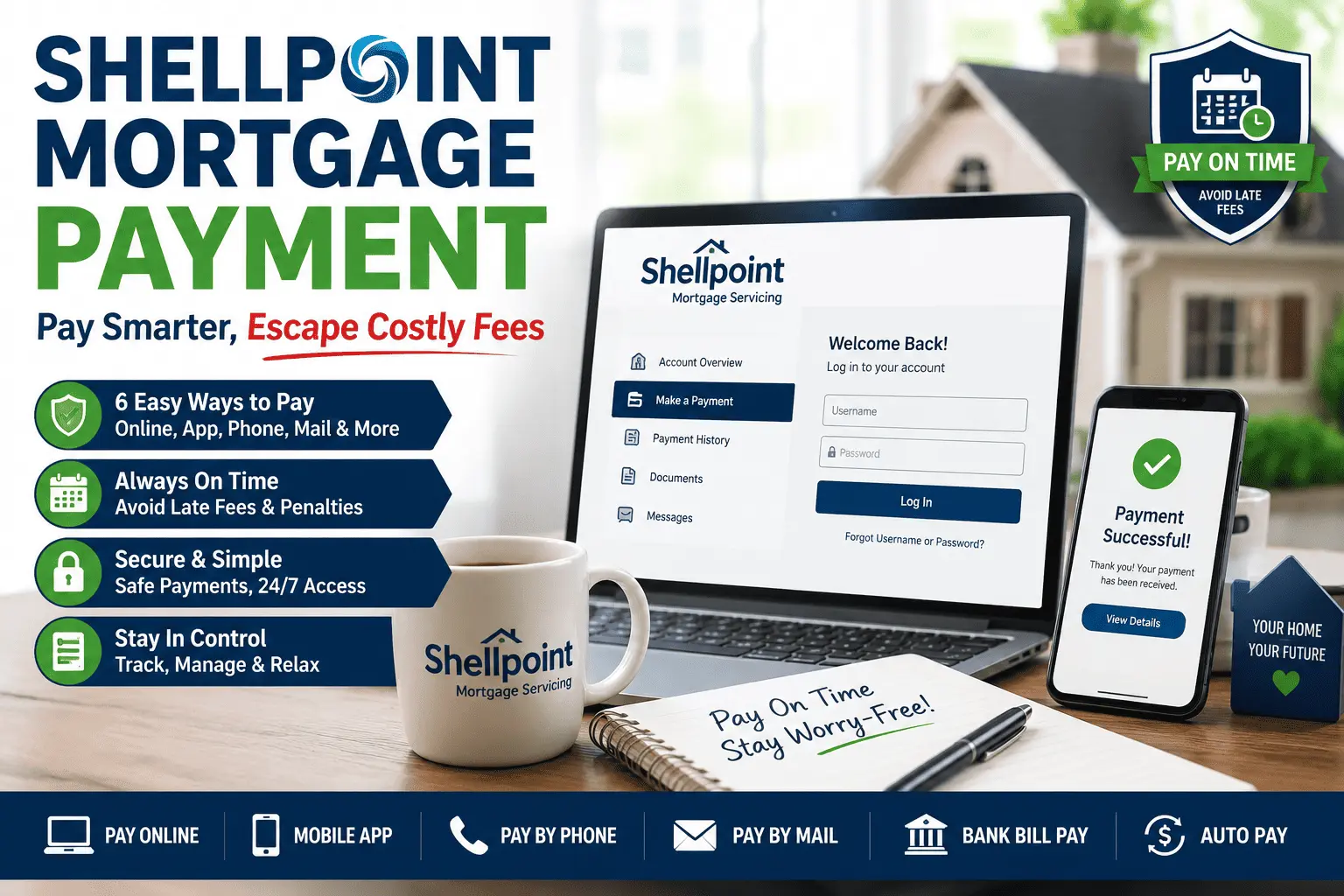 Shellpoint mortgage payment guide showing secure online payment options to pay on time and avoid costly late fees