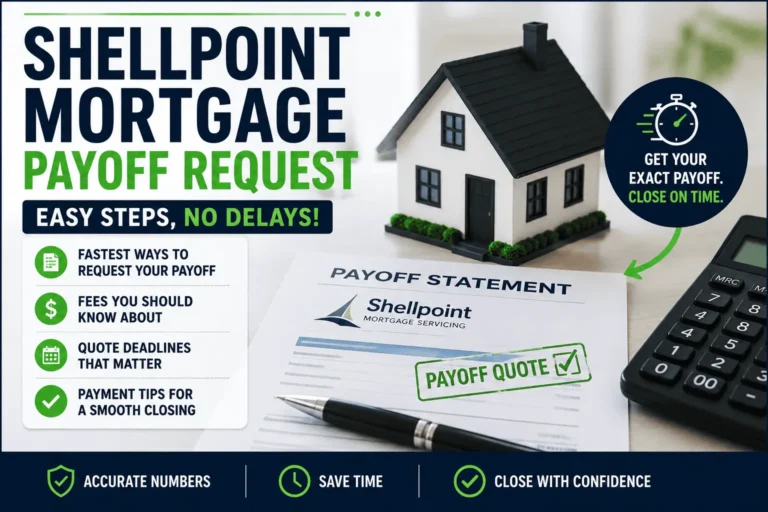 Shellpoint mortgage payoff request guide showing payoff statement, home, key fees, deadlines, and easy steps