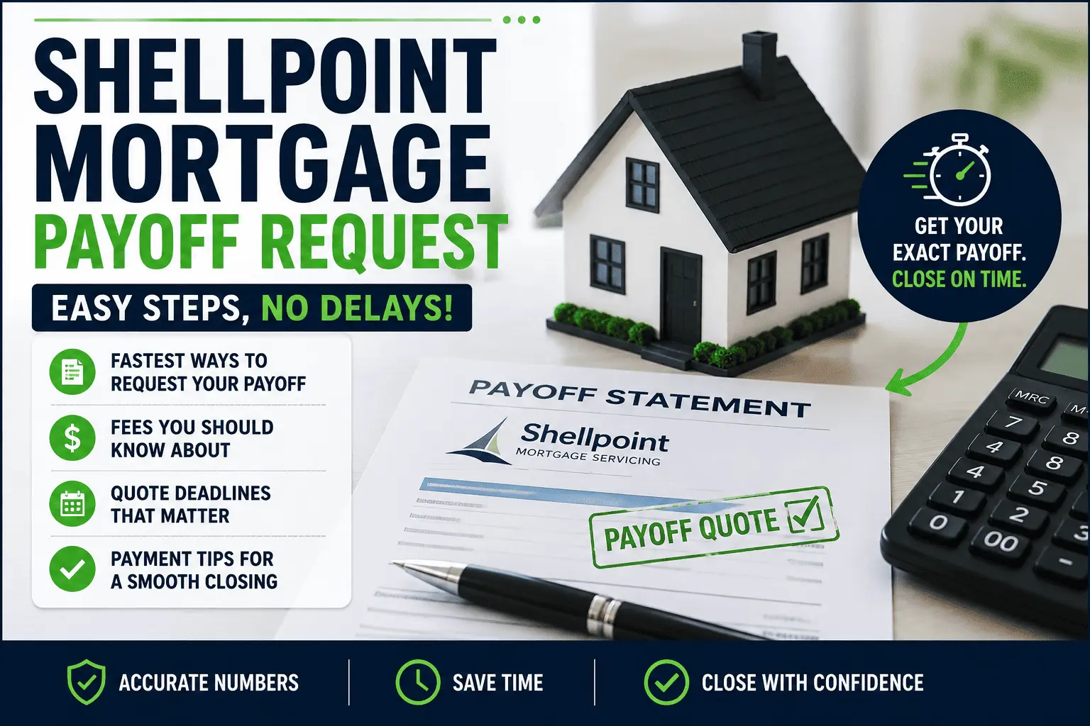 Shellpoint mortgage payoff request guide showing payoff statement, home, key fees, deadlines, and easy steps
