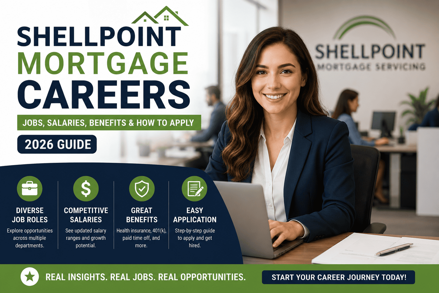 Shellpoint Mortgage Careers guide showing job opportunities, salary insights, employee benefits, remote roles, and step-by-step hiring process