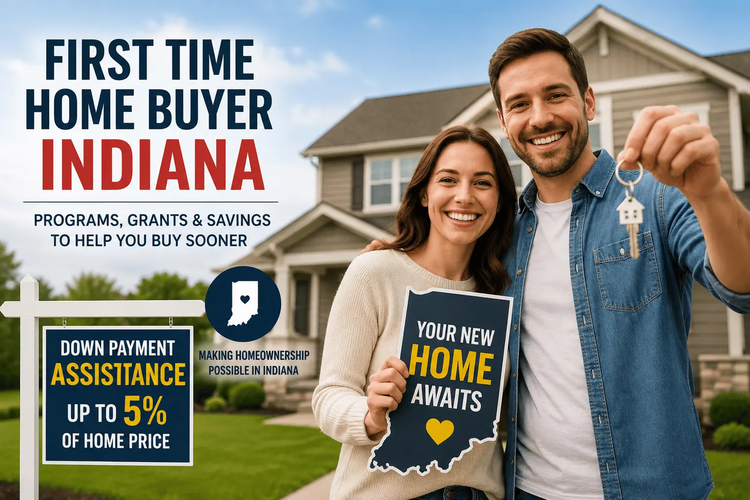 First Time Home Buyer Indiana programs helping a happy couple buy their first home with down payment assistance and grants