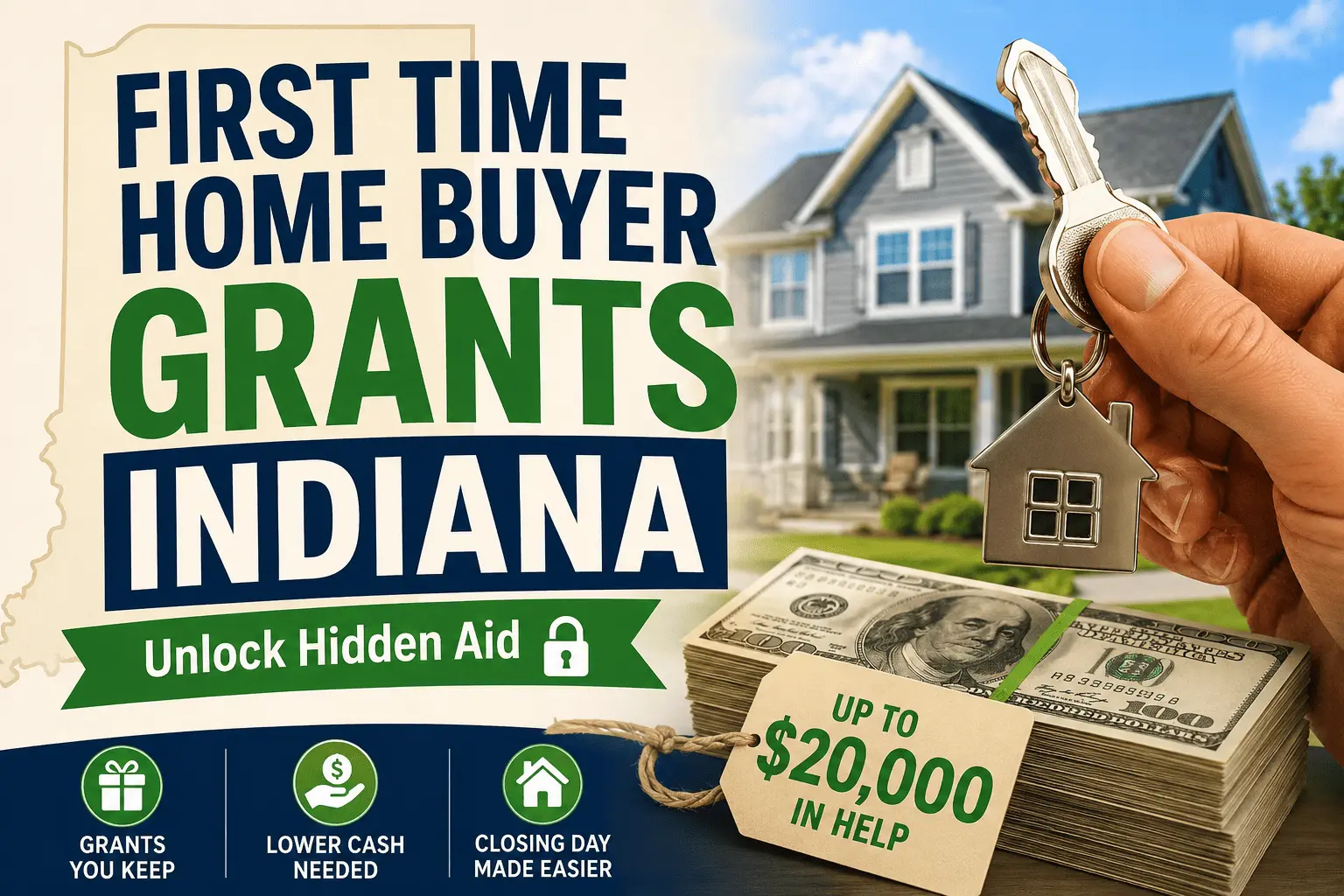 First time home buyer grants Indiana guide showing homeownership assistance, down payment grants, and buyer savings.