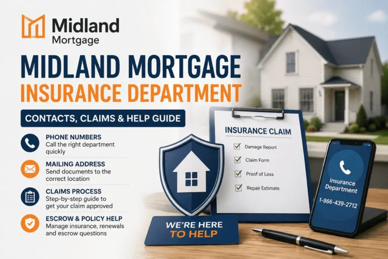 Midland Mortgage Insurance Department guide showing claims process, contact details, and homeowners insurance support