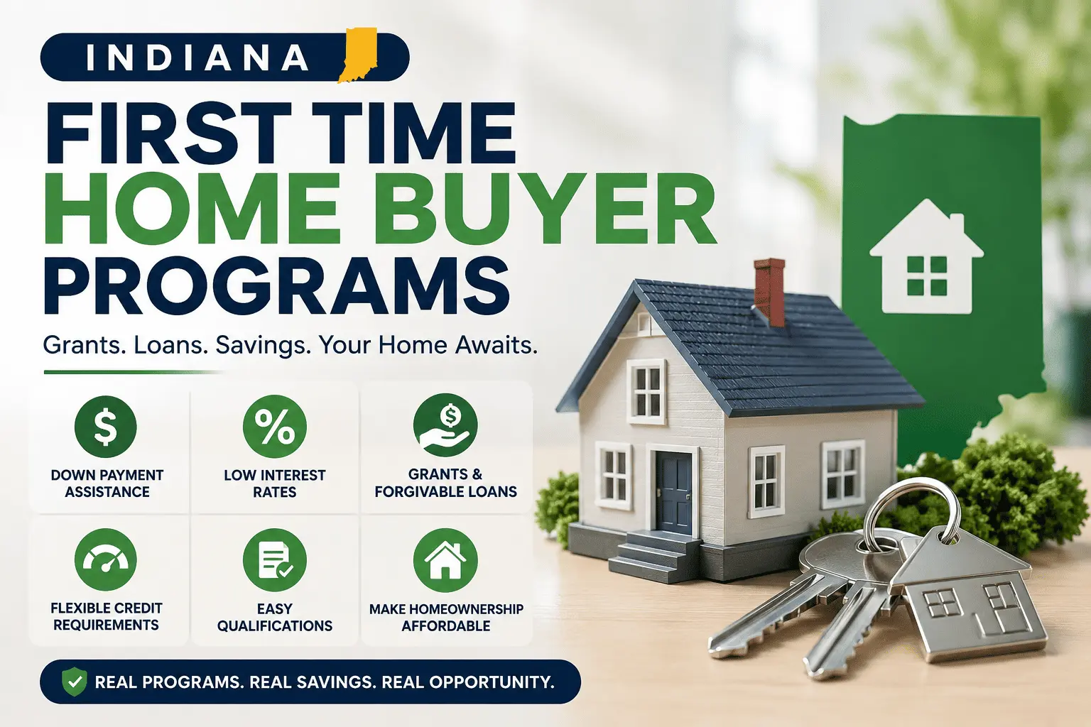 First time home buyer programs Indiana with grants, FHA loans, down payment assistance, and affordable financing